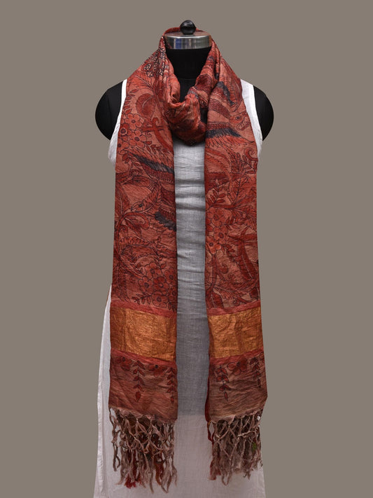 Rust and Red Kalamkari Hand Painted Kanchipuram Silk Handloom Dupatta with Flowers and Birds Design ds2659