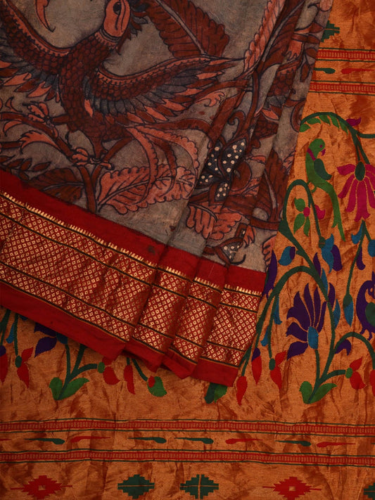 Rust and Red Kalamkari Hand Painted Paithani Silk Handloom Saree with Floral and Birds Design KL0606