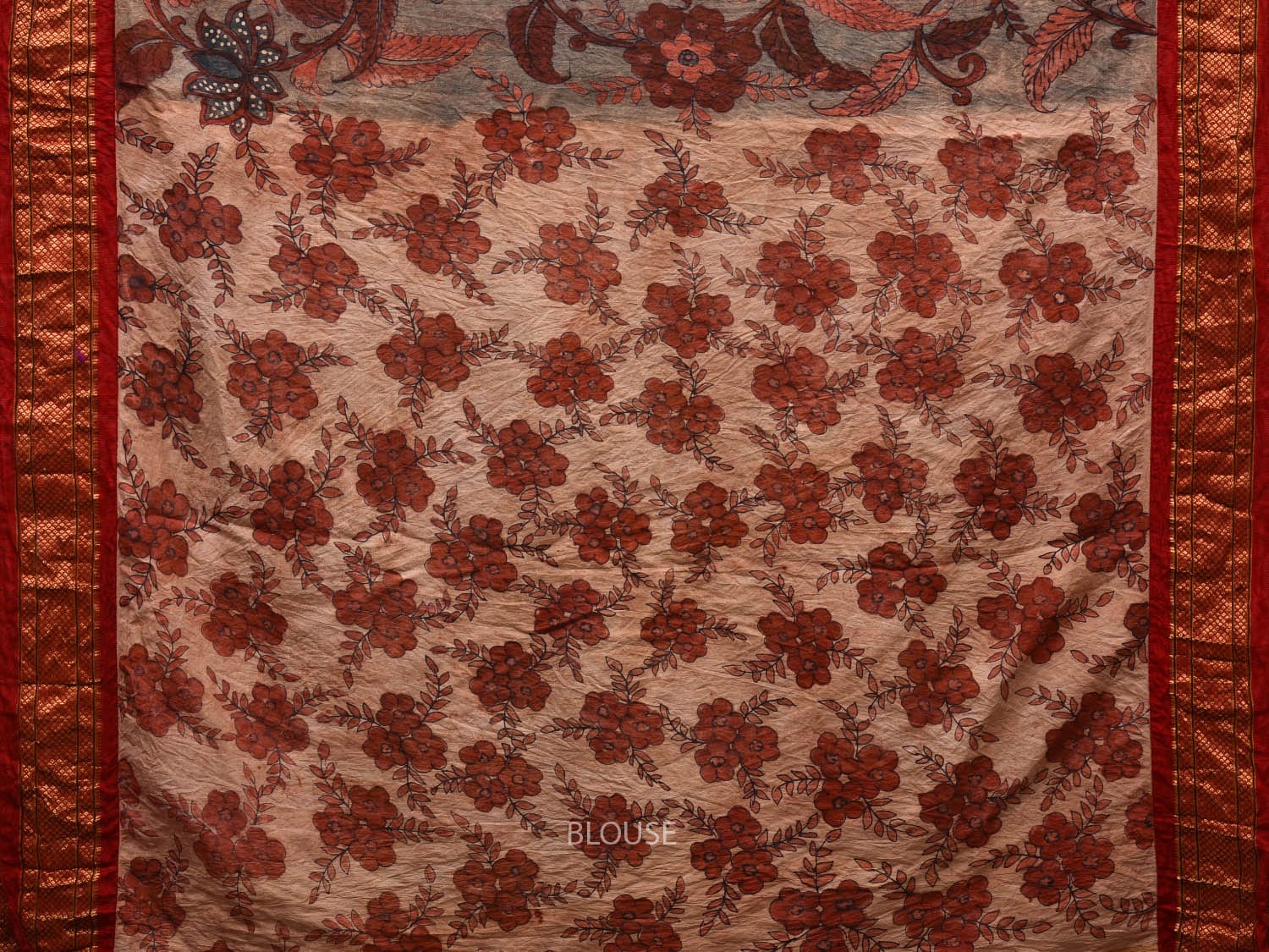 Rust and Red Kalamkari Hand Painted Paithani Silk Handloom Saree with Floral and Birds Design KL0606