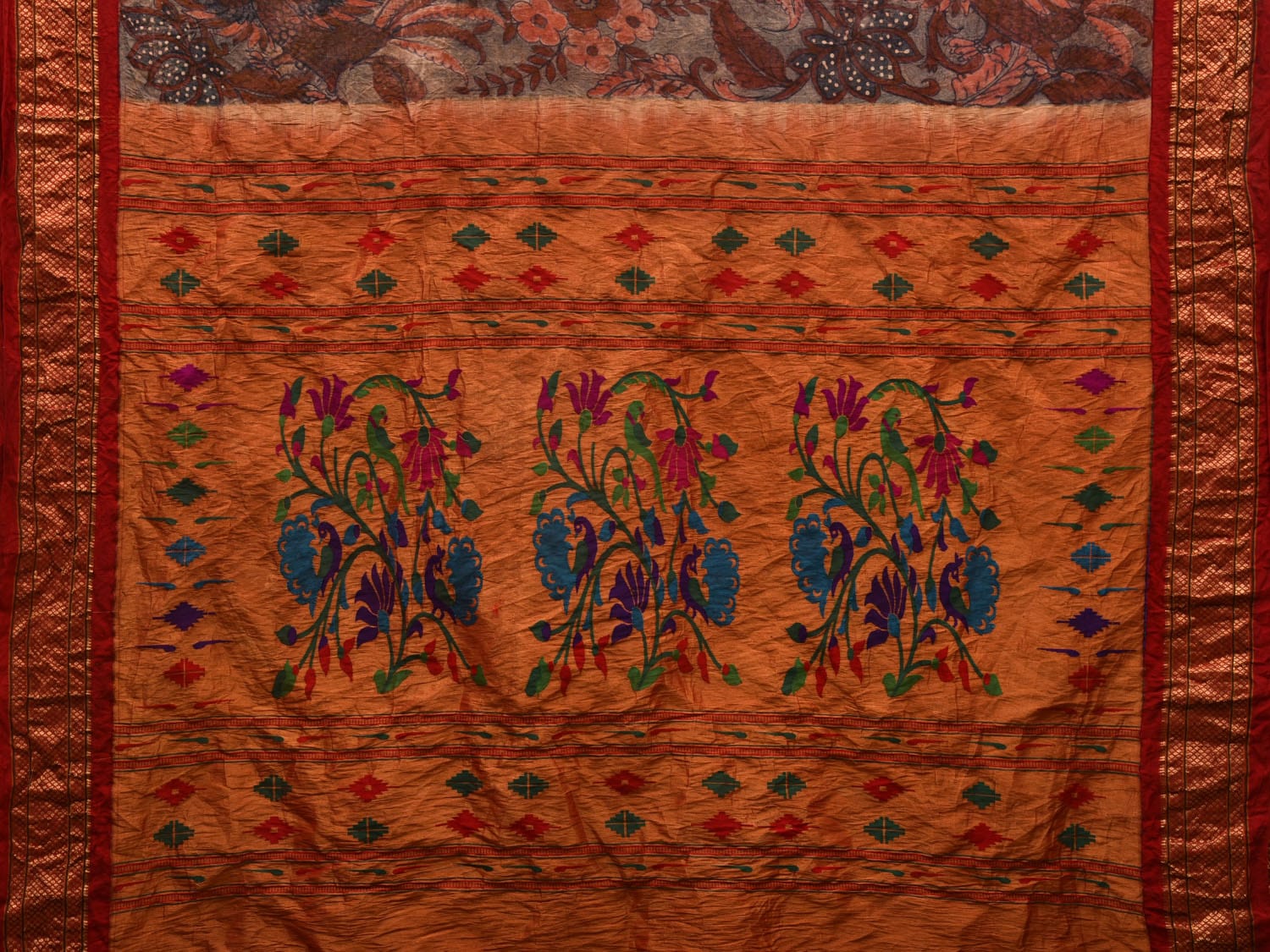 Rust and Red Kalamkari Hand Painted Paithani Silk Handloom Saree with Floral and Birds Design KL0606