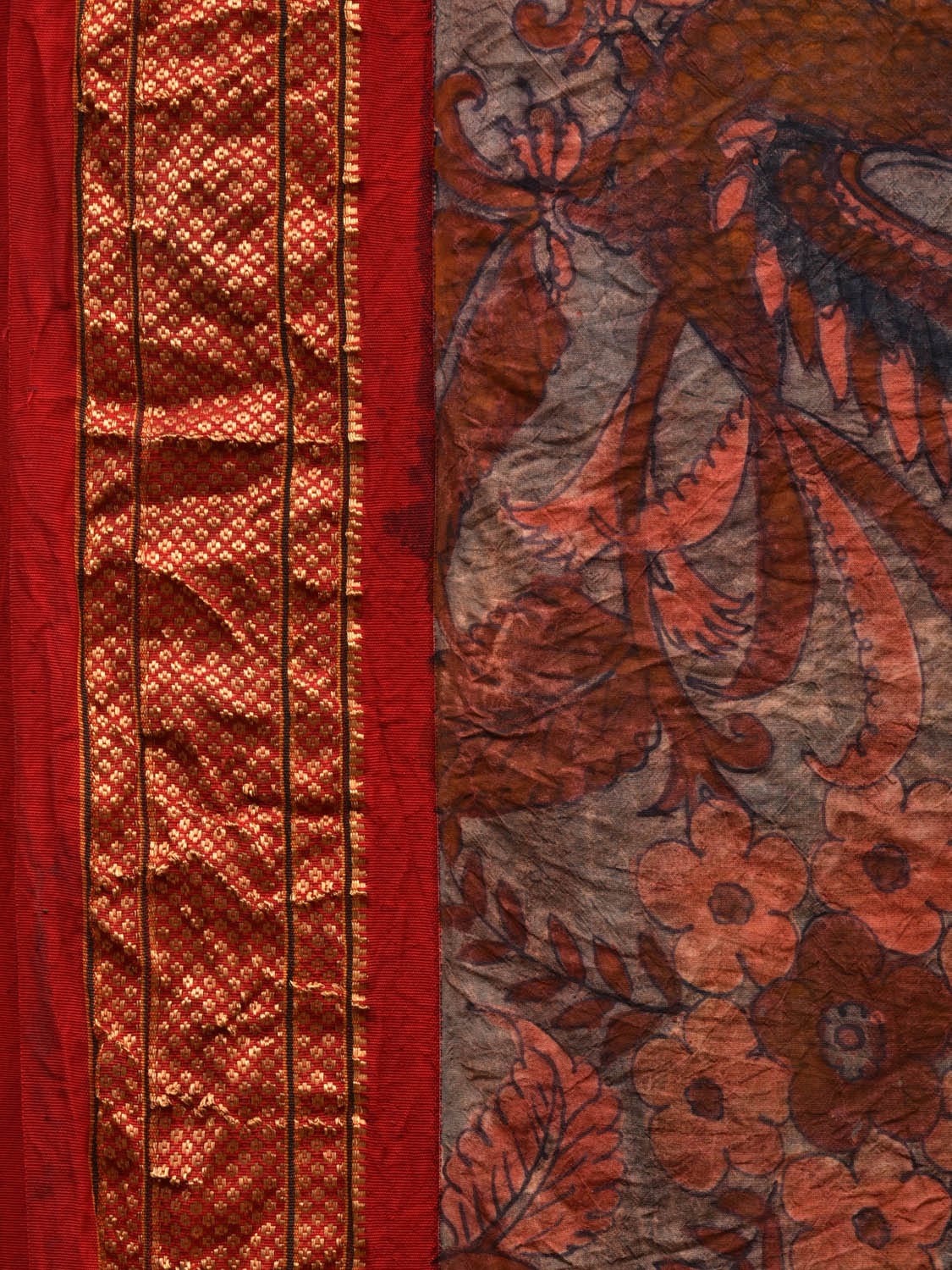 Rust and Red Kalamkari Hand Painted Paithani Silk Handloom Saree with Floral and Birds Design KL0606