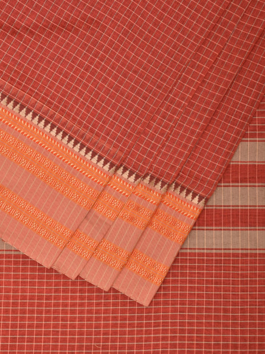 Rust Bamboo Cotton Saree with Checks Design No Blouse bc0340