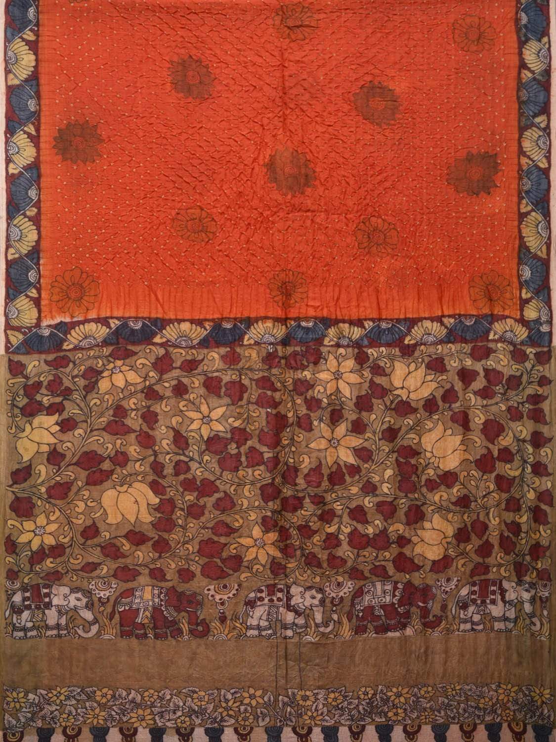 Rust Bandhani Kalamkari Tussar Handloom Saree with Pallu and Border Design bn0151