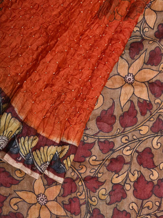 Rust Bandhani Kalamkari Tussar Handloom Saree with Pallu and Border Design bn0151