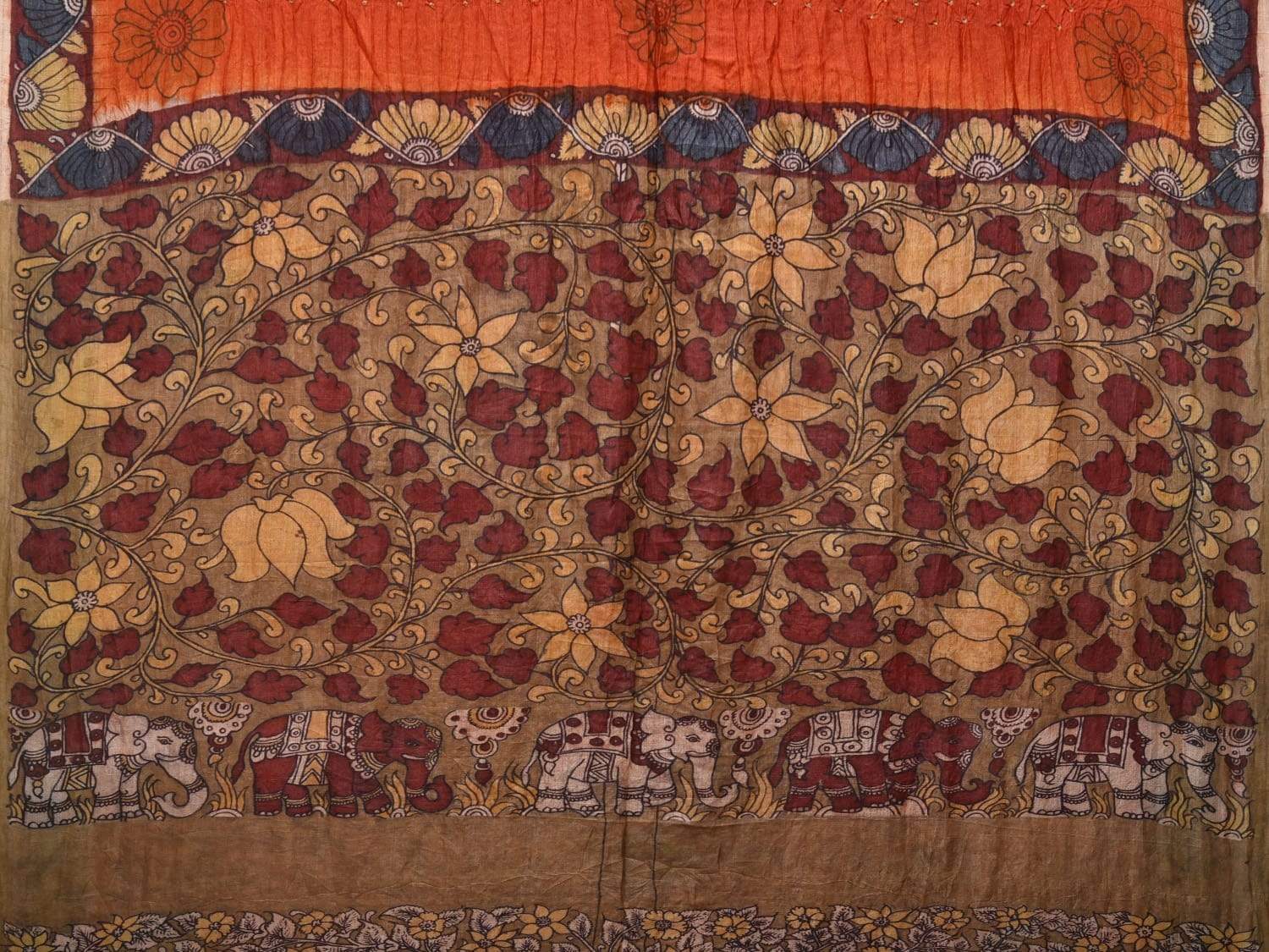 Rust Bandhani Kalamkari Tussar Handloom Saree with Pallu and Border Design bn0151
