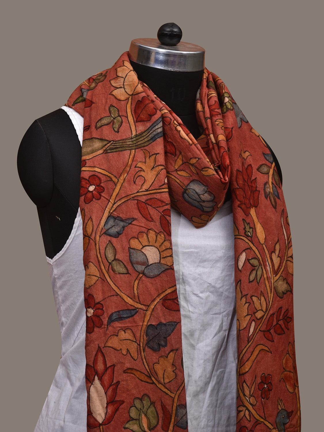 Rust Kalamkari Hand Painted Cotton Handloom Dupatta with Doby Border and Floral Design ds3089