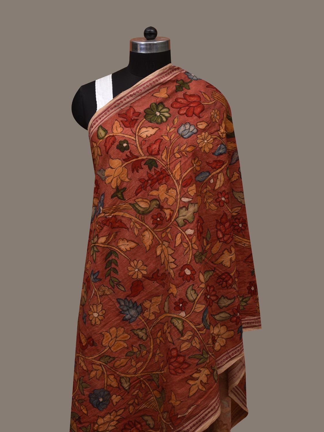 Rust Kalamkari Hand Painted Cotton Handloom Dupatta with Doby Border and Floral Design ds3089