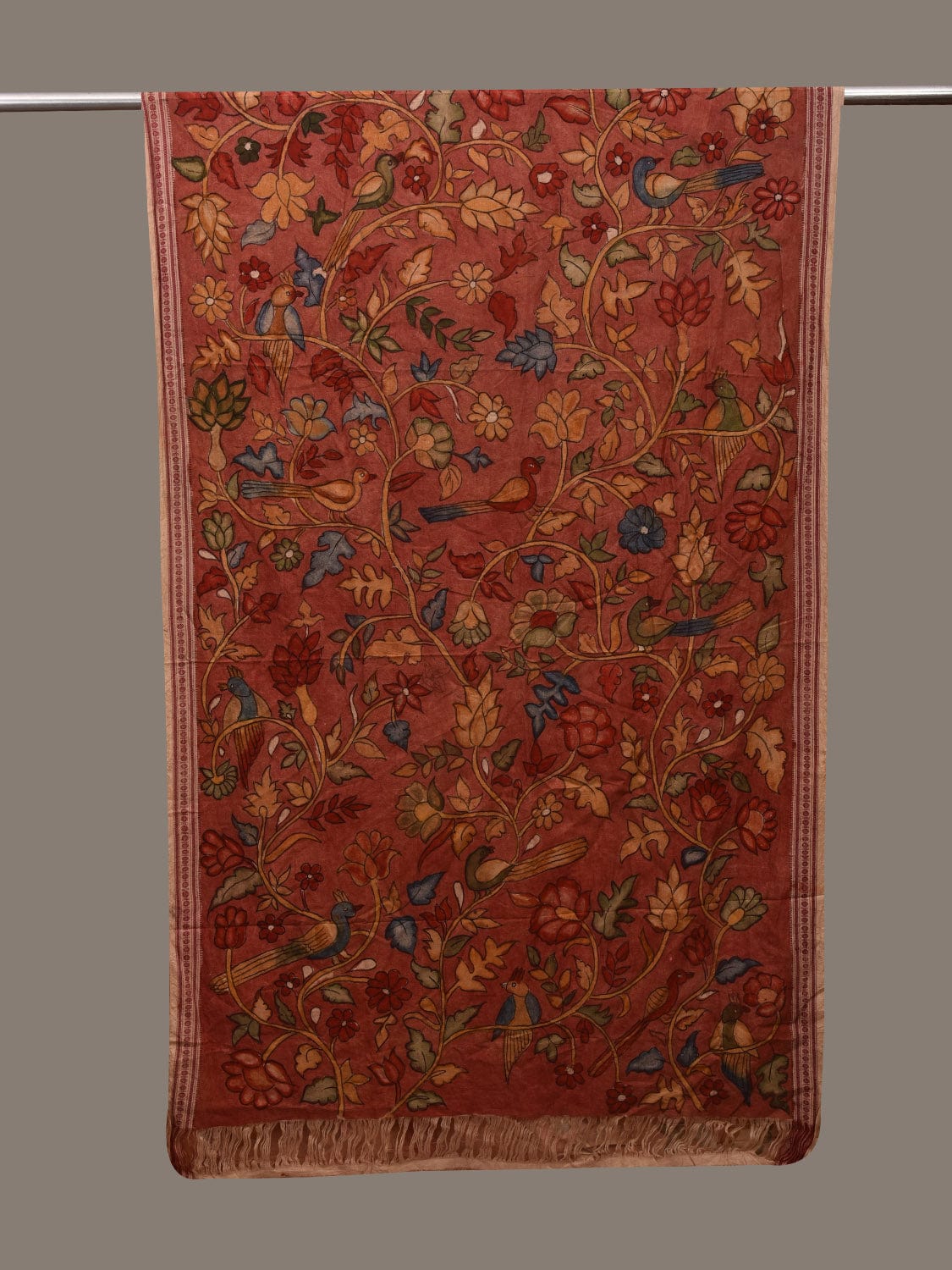 Rust Kalamkari Hand Painted Cotton Handloom Dupatta with Doby Border and Floral Design ds3089