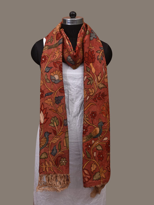Rust Kalamkari Hand Painted Cotton Handloom Dupatta with Doby Border and Floral Design ds3089