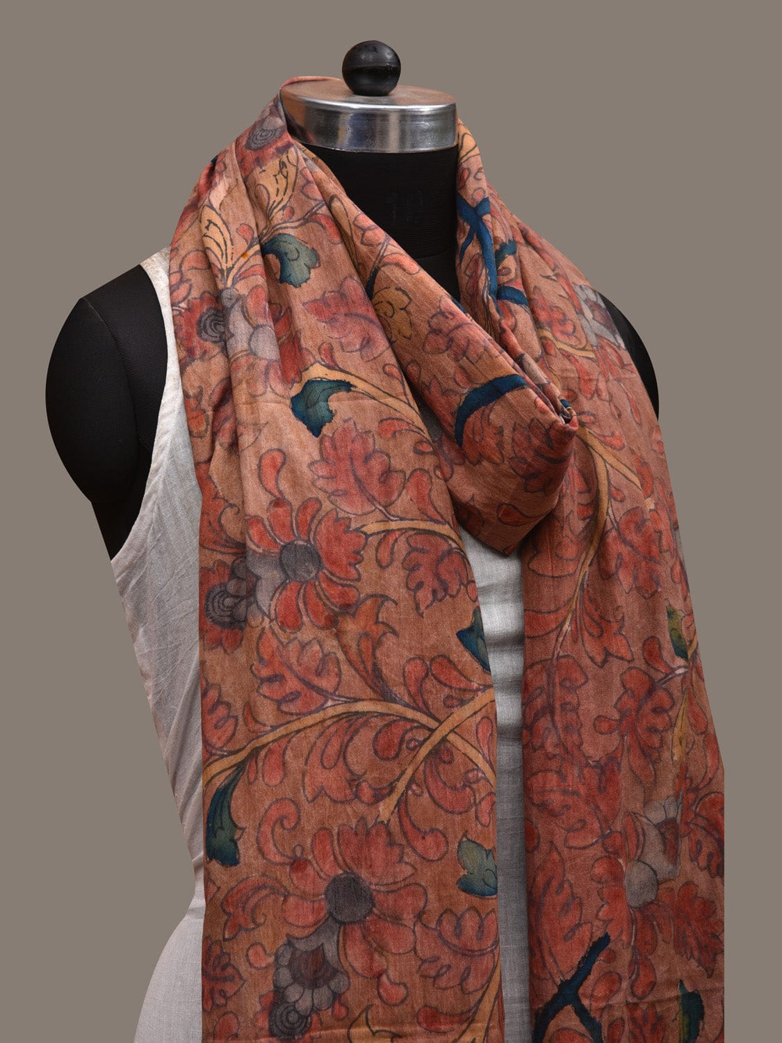 Rust Kalamkari Hand Painted Cotton Handloom Dupatta with Floral Design ds2877