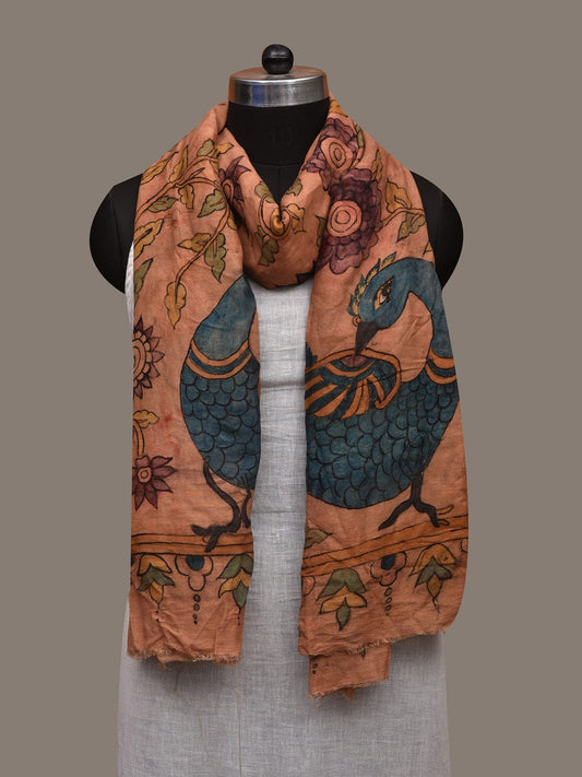 Rust Kalamkari Hand Painted Cotton Silk Handloom Dupatta with Big Floral and Peacocks Design ds3001