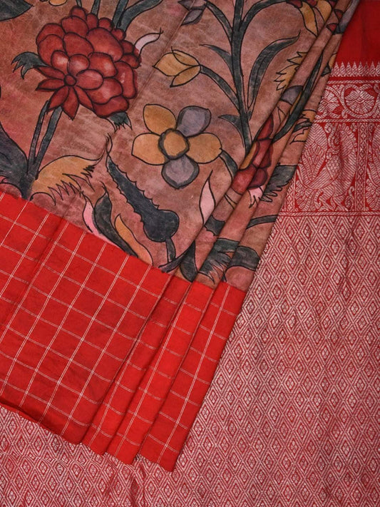 Rust Kalamkari Hand Painted Gadwal Silk Handloom Saree with Floral Design KL0495