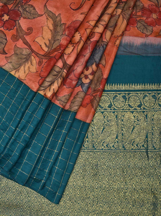Rust Kalamkari Hand Painted Gadwal Silk Handloom Saree with Ganga-Jamuna Checks Border Design KL0441