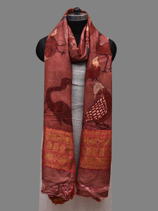 Rust Kalamkari Hand Painted Kanchipuram Silk Handloom Dupatta with Birds Design ds2623