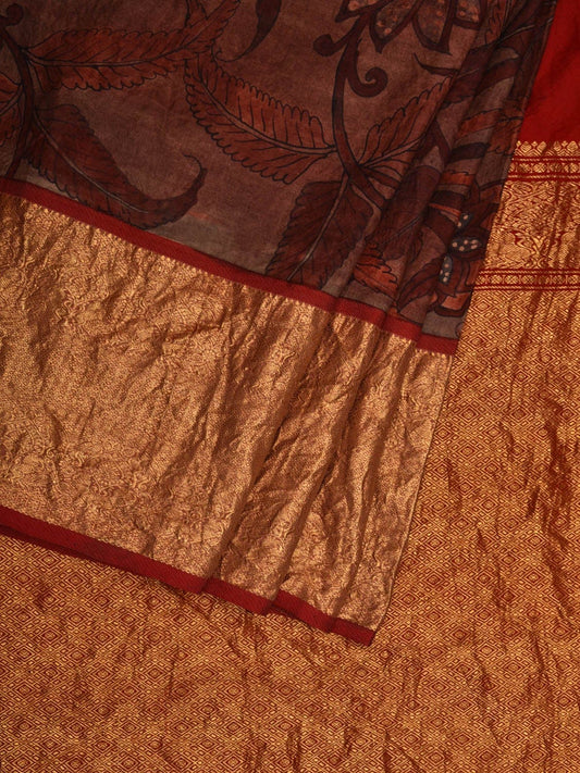 Rust Kalamkari Hand Painted Kanchipuram Silk Handloom Saree with Big Floral and Birds Design KL0591