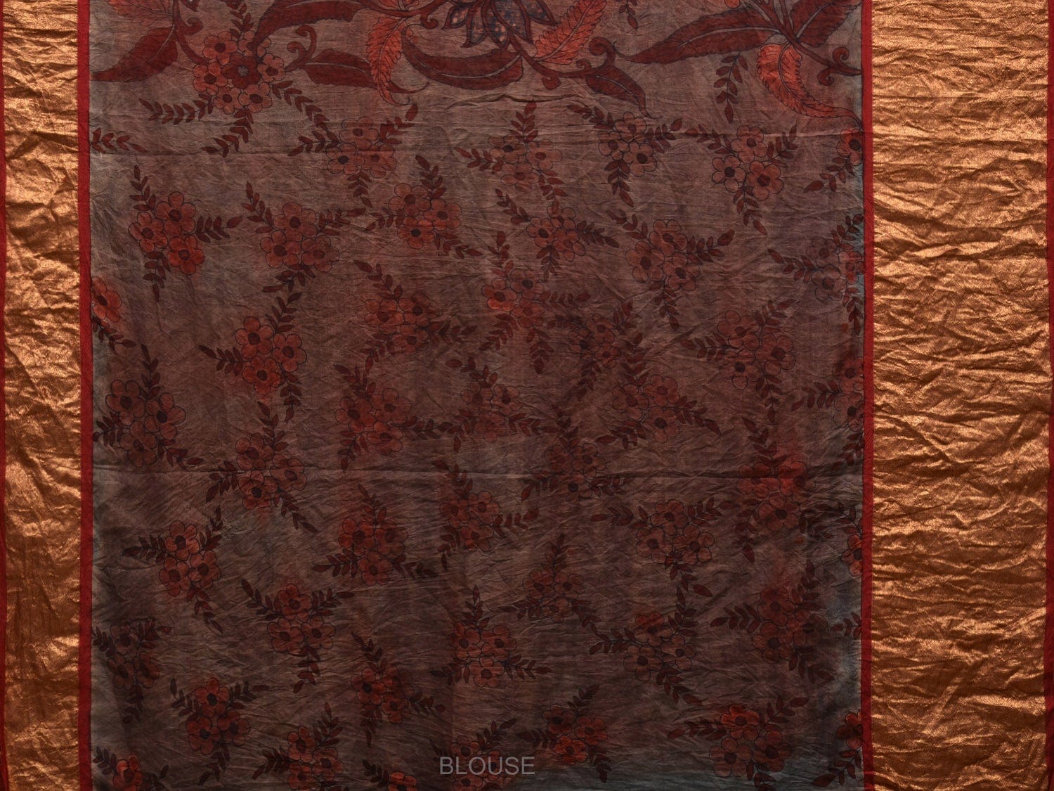 Rust Kalamkari Hand Painted Kanchipuram Silk Handloom Saree with Big Floral and Birds Design KL0591