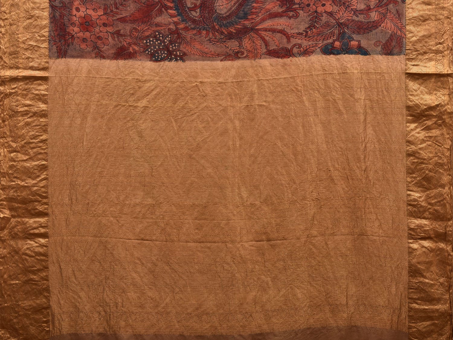 Rust Kalamkari Hand Painted Kanchipuram Silk Handloom Saree with Floral and Birds Design KL0604