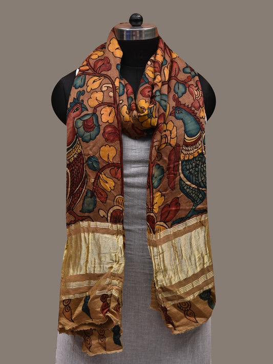 Rust Kalamkari Hand Painted Satin Silk Handloom Dupatta with Peacocks and Floral Design ds2645