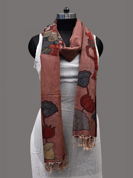 Rust Kalamkari Hand Painted Silk Muga Handloom Dupatta with Krishna and Cows Design ds2405