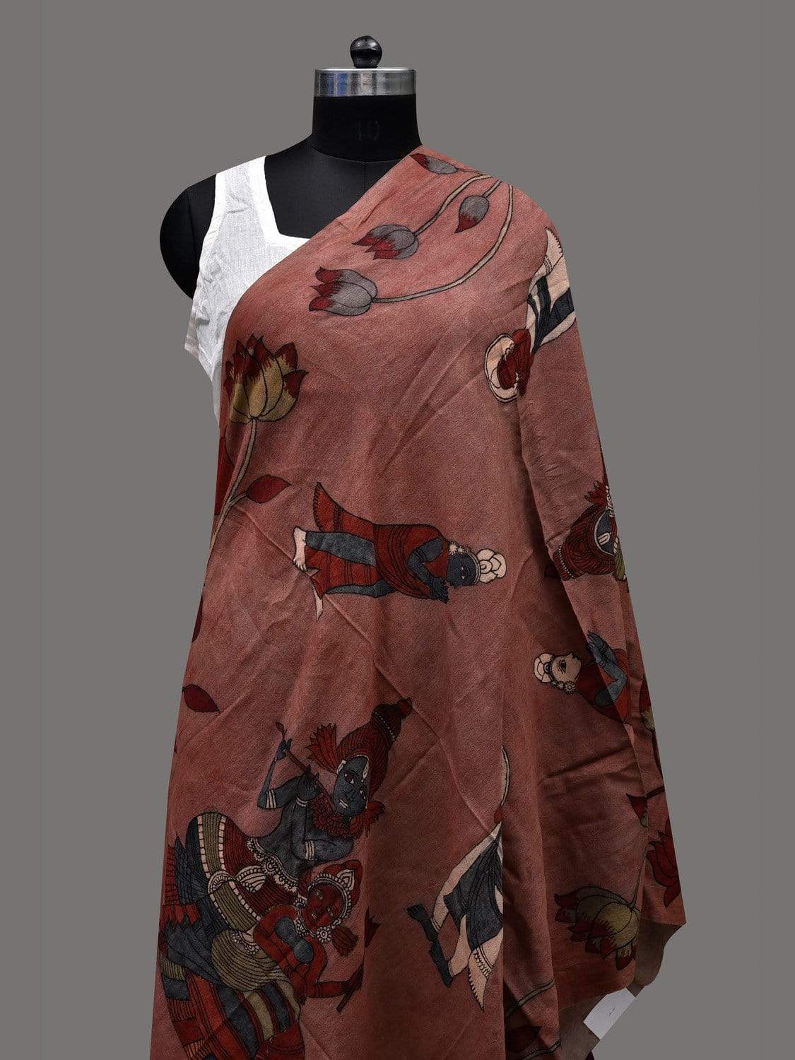 Rust Kalamkari Hand Painted Silk Muga Handloom Dupatta with Krishna and Cows Design ds2405