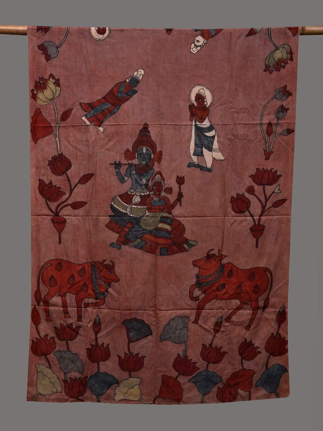 Rust Kalamkari Hand Painted Silk Muga Handloom Dupatta with Krishna and Cows Design ds2405