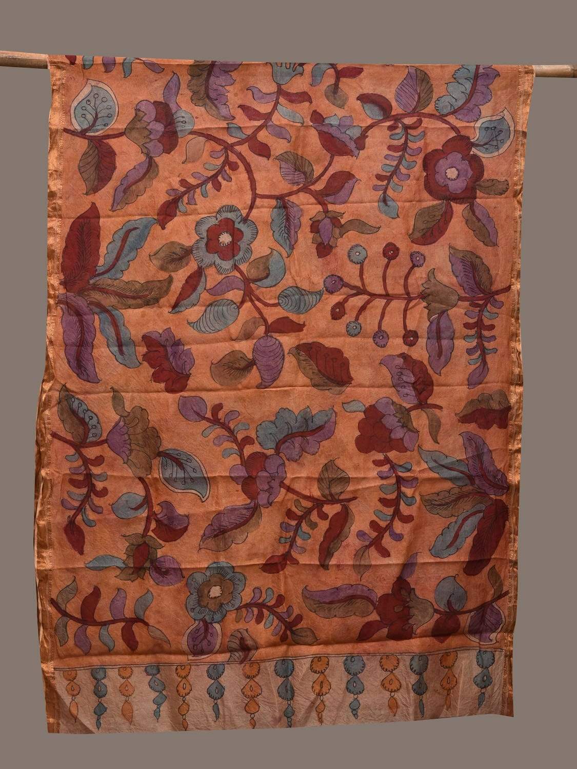 Rust Kalamkari Hand Painted Tussar Handloom Dupatta with Floral Design ds2331