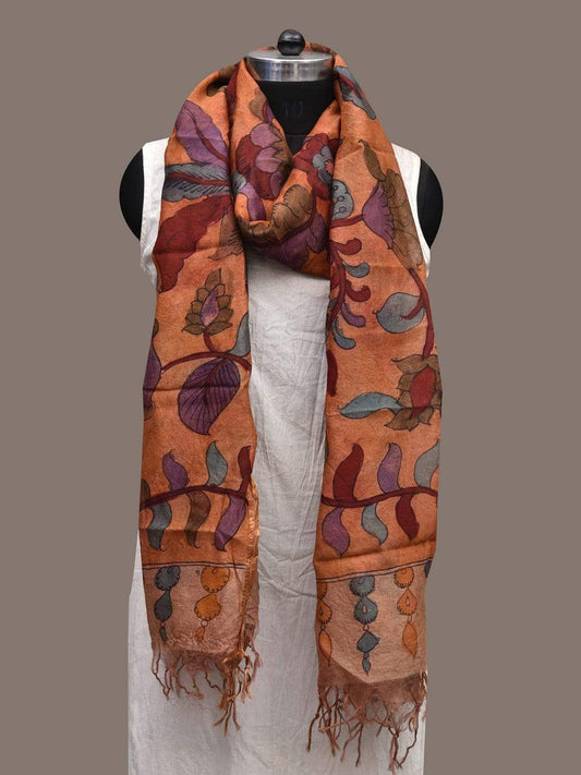 Rust Kalamkari Hand Painted Tussar Handloom Dupatta with Floral Design ds2331