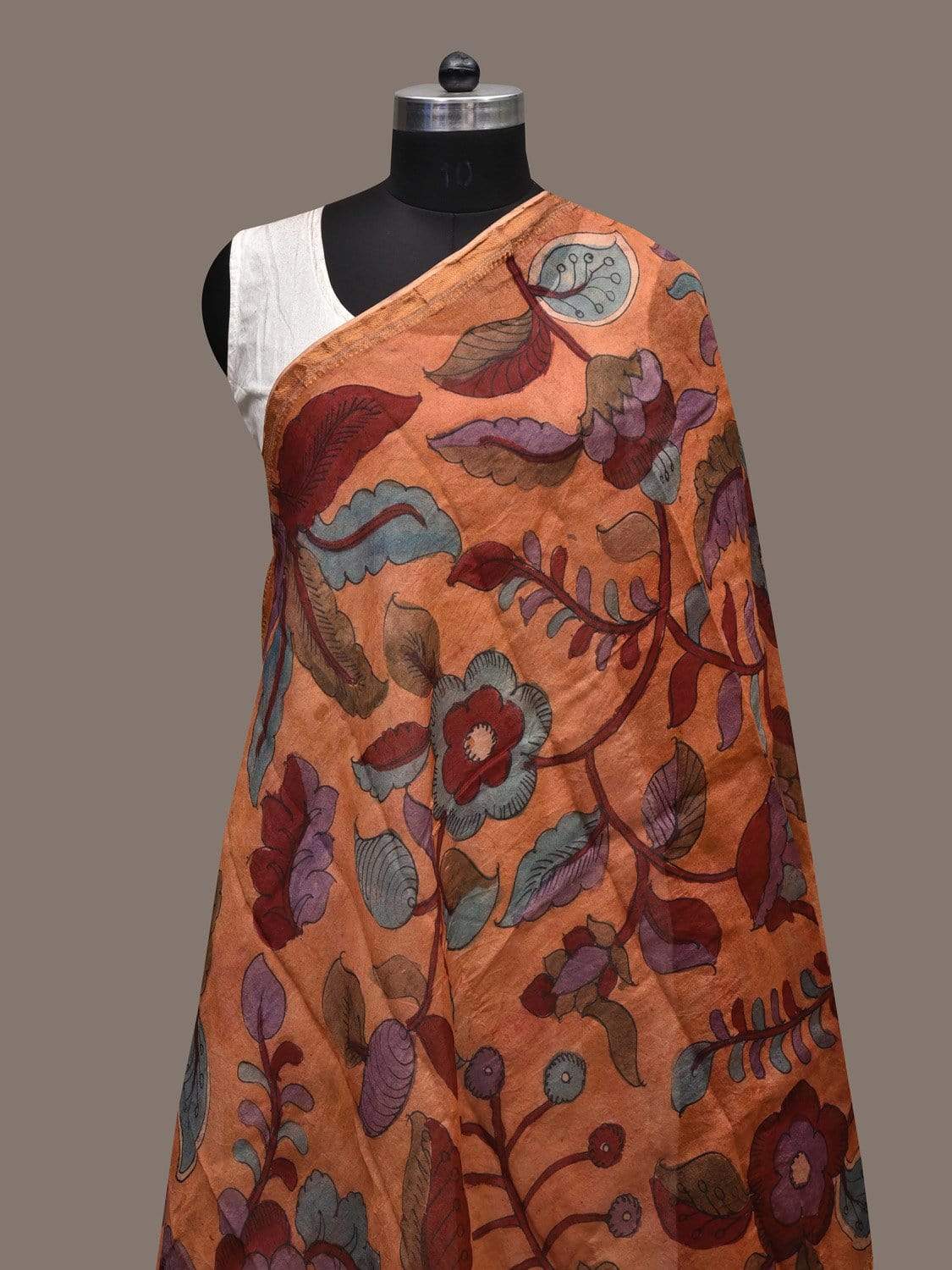 Rust Kalamkari Hand Painted Tussar Handloom Dupatta with Floral Design ds2331
