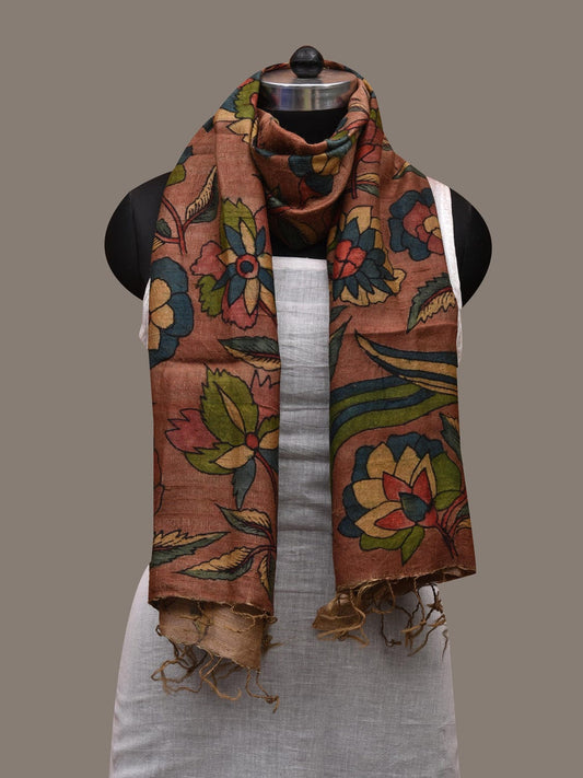 Rust Kalamkari Hand Painted Tussar Handloom Stole with Floral and Birds Design ds2686
