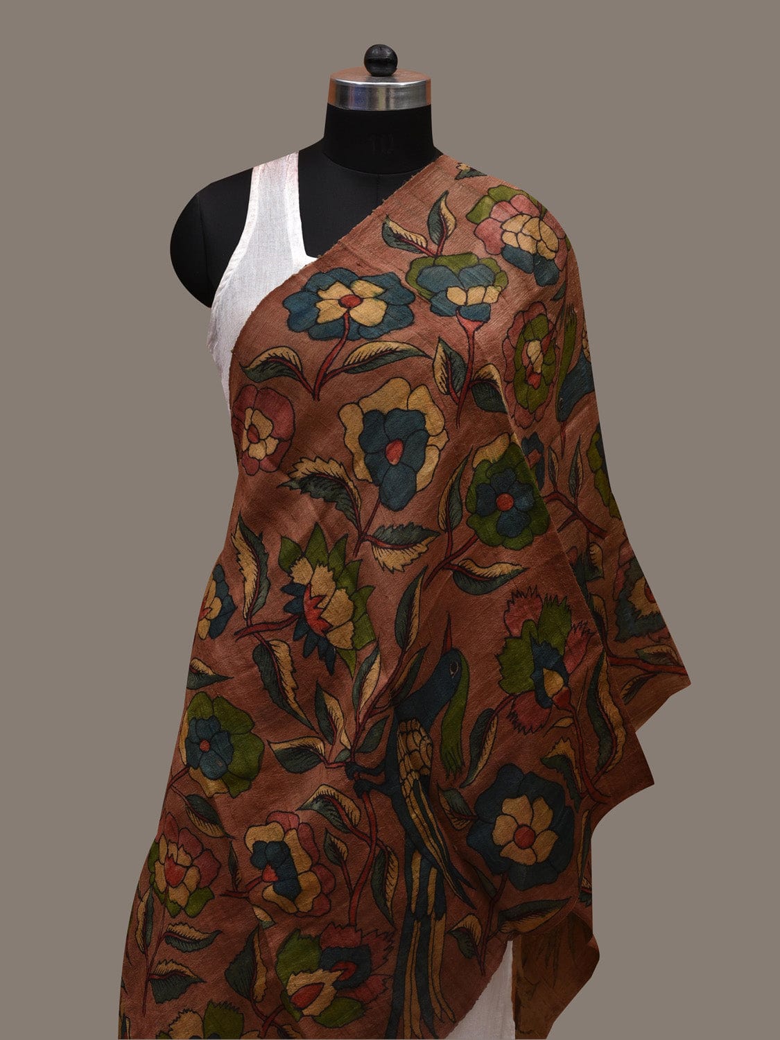 Rust Kalamkari Hand Painted Tussar Handloom Stole with Floral and Birds Design ds2686