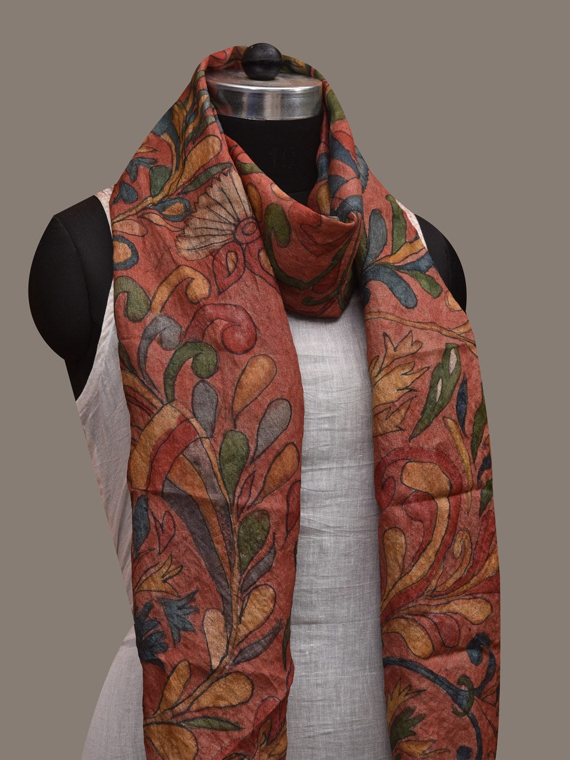 Rust Kalamkari Hand Painted Tussar Handloom Stole with Floral Design ds2936