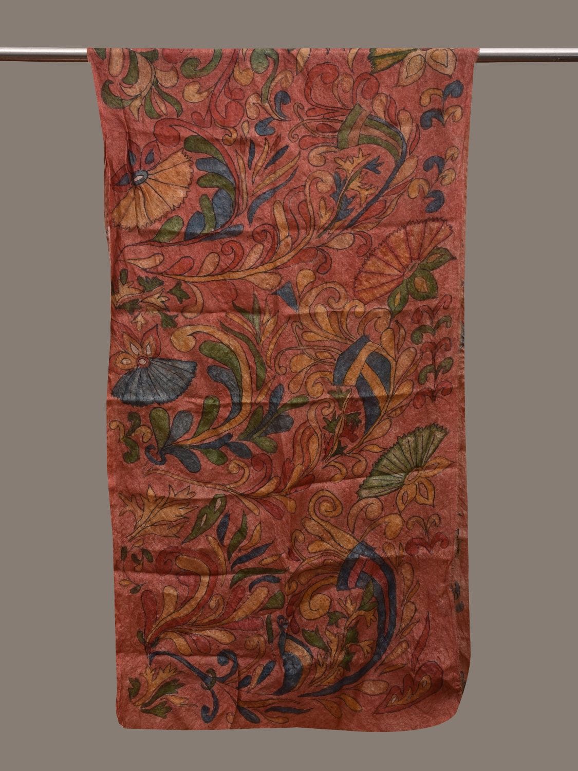 Rust Kalamkari Hand Painted Tussar Handloom Stole with Floral Design ds2936