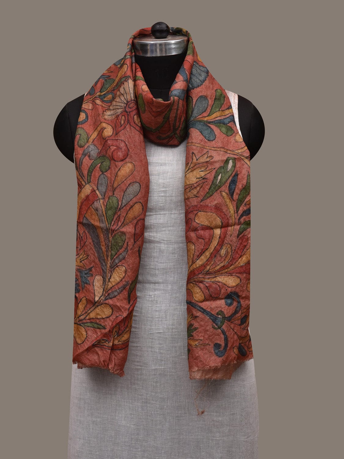 Rust Kalamkari Hand Painted Tussar Handloom Stole with Floral Design ds2936