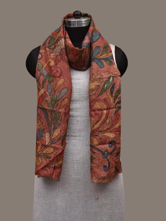 Rust Kalamkari Hand Painted Tussar Handloom Stole with Floral Design ds2936