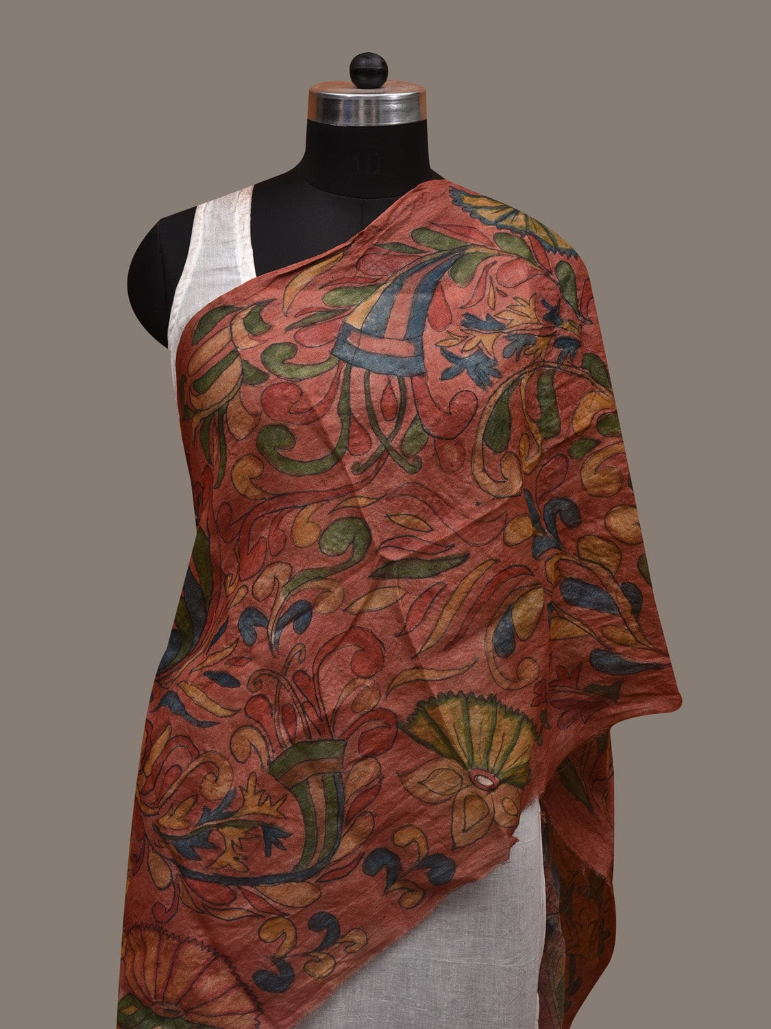 Rust Kalamkari Hand Painted Tussar Handloom Stole with Floral Design ds2936