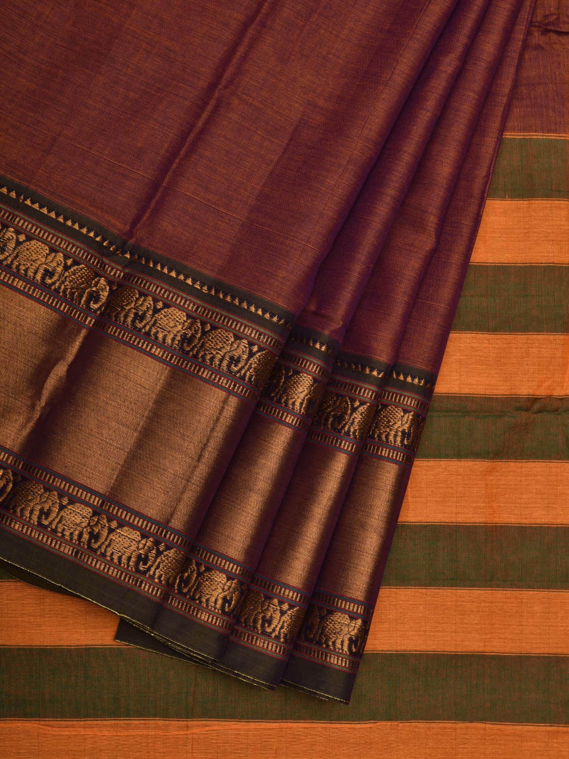Rust Kanchi Cotton Plain Saree wtih One Side Border Design o0323