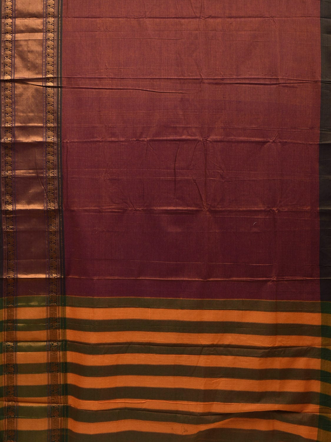 Rust Kanchi Cotton Plain Saree wtih One Side Border Design o0323