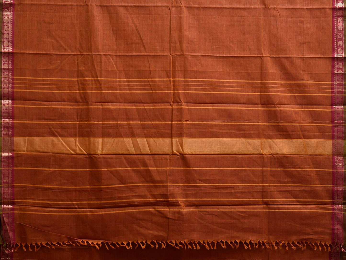 Rust Kanchipuram Cotton Plain Saree with Strips and Small Border Design k0858