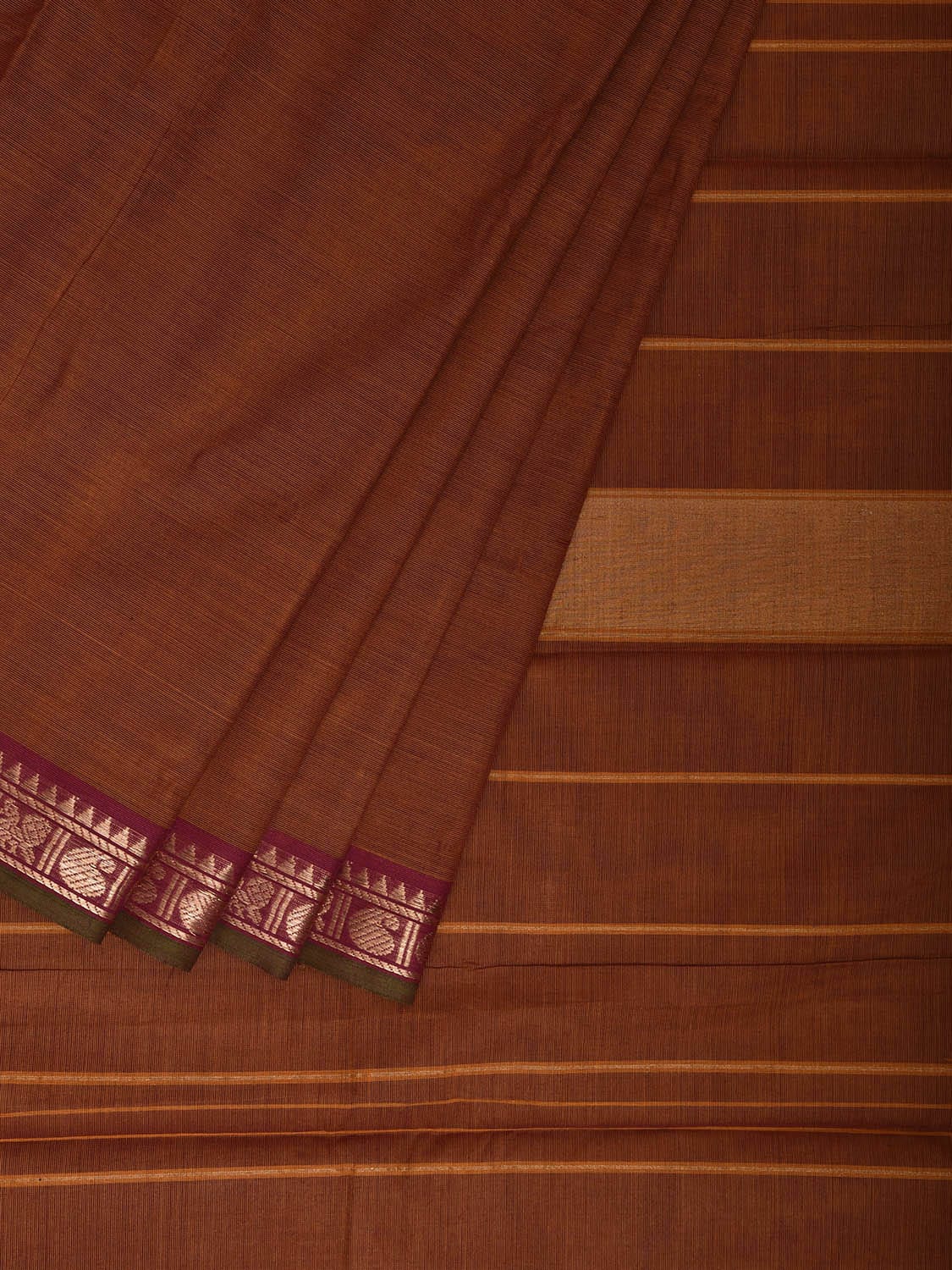 Rust Kanchipuram Cotton Plain Saree with Strips and Small Border Design k0858