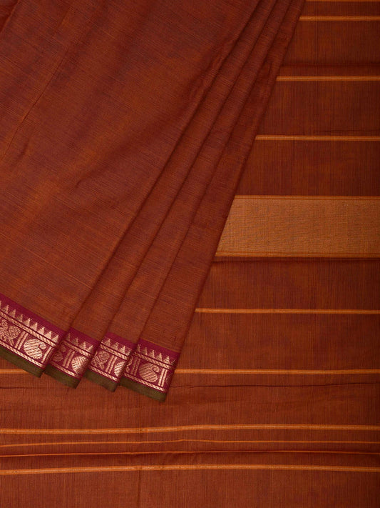 Rust Kanchipuram Cotton Plain Saree with Strips and Small Border Design k0858