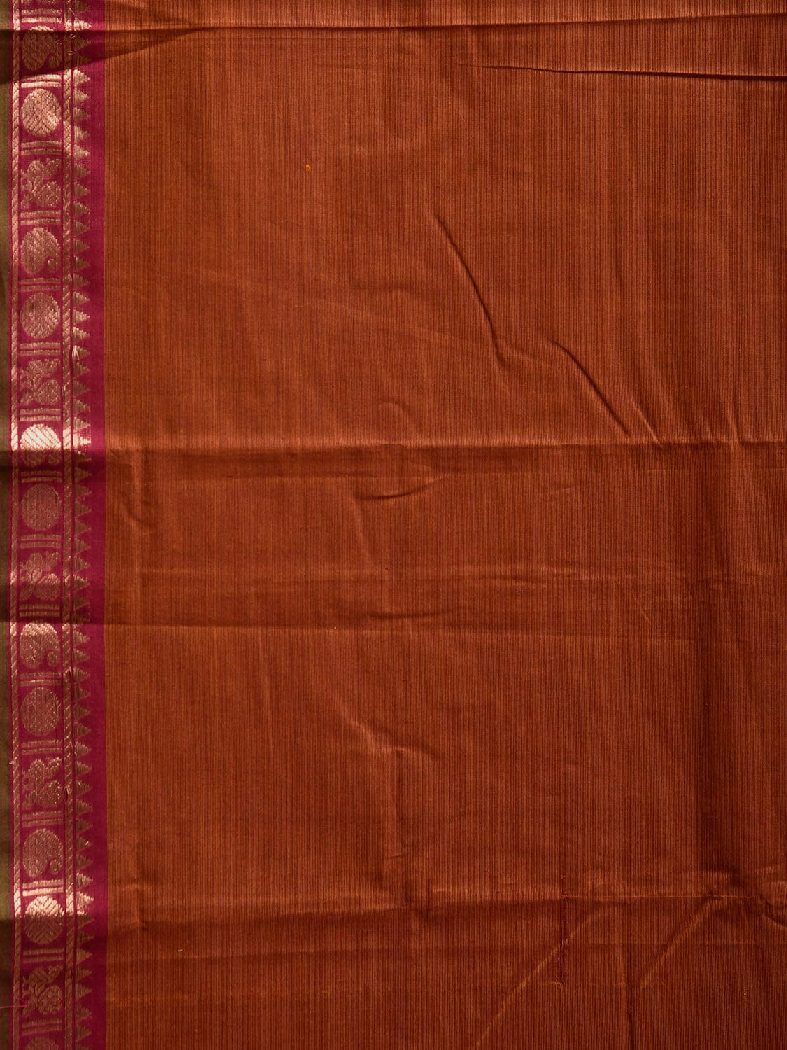 Rust Kanchipuram Cotton Plain Saree with Strips and Small Border Design k0858