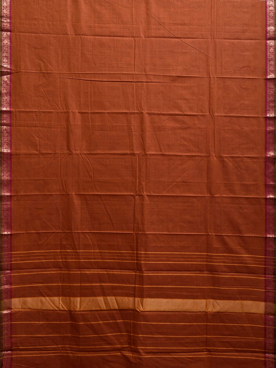 Rust Kanchipuram Cotton Plain Saree with Strips and Small Border Design k0858