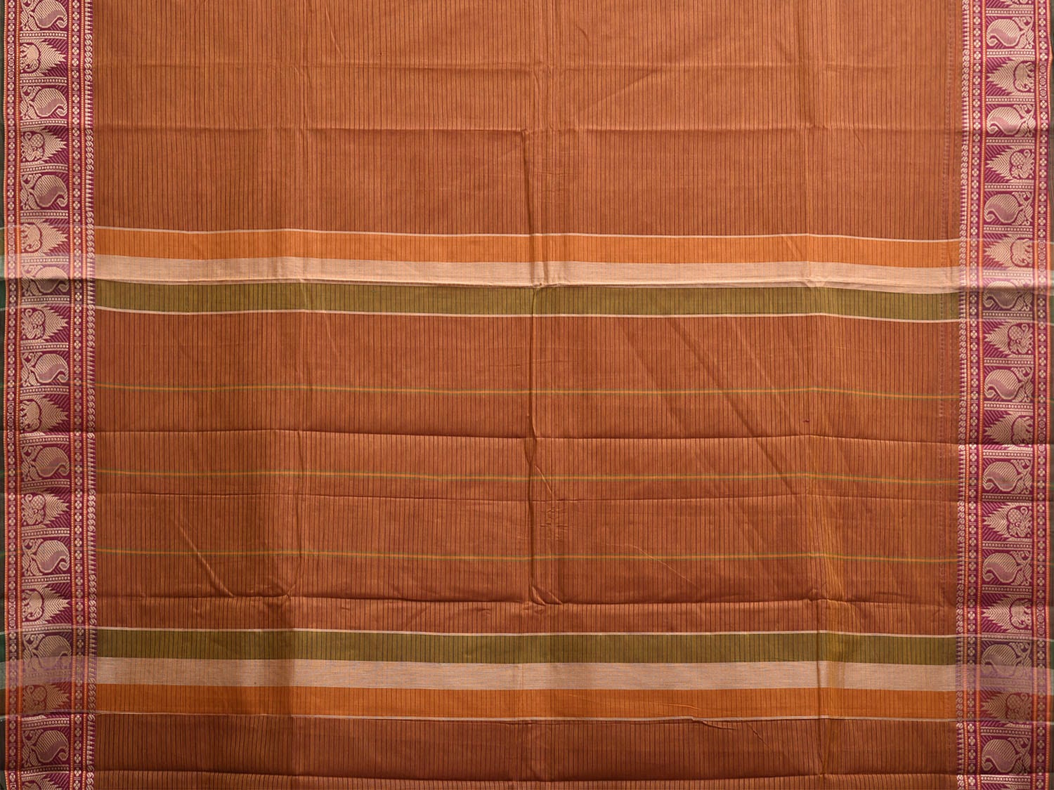 Rust Kanchipuram Cotton Saree with Strips Pallu and Border Design k0871