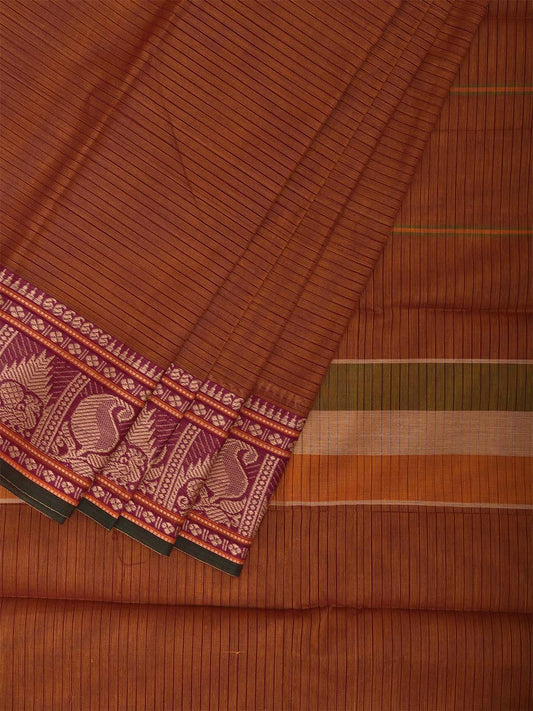 Rust Kanchipuram Cotton Saree with Strips Pallu and Border Design k0871