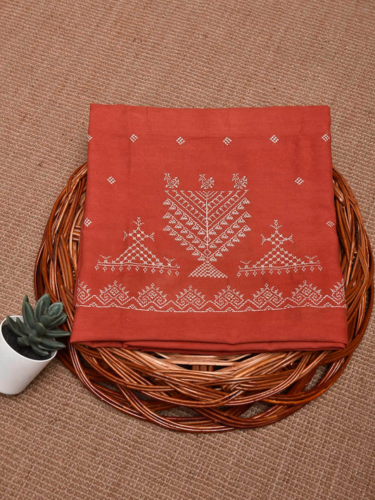 Rust Kasuti Khadi Cotton Blouse with Peacock Design Length 1mt Width 44 Inches BL0150