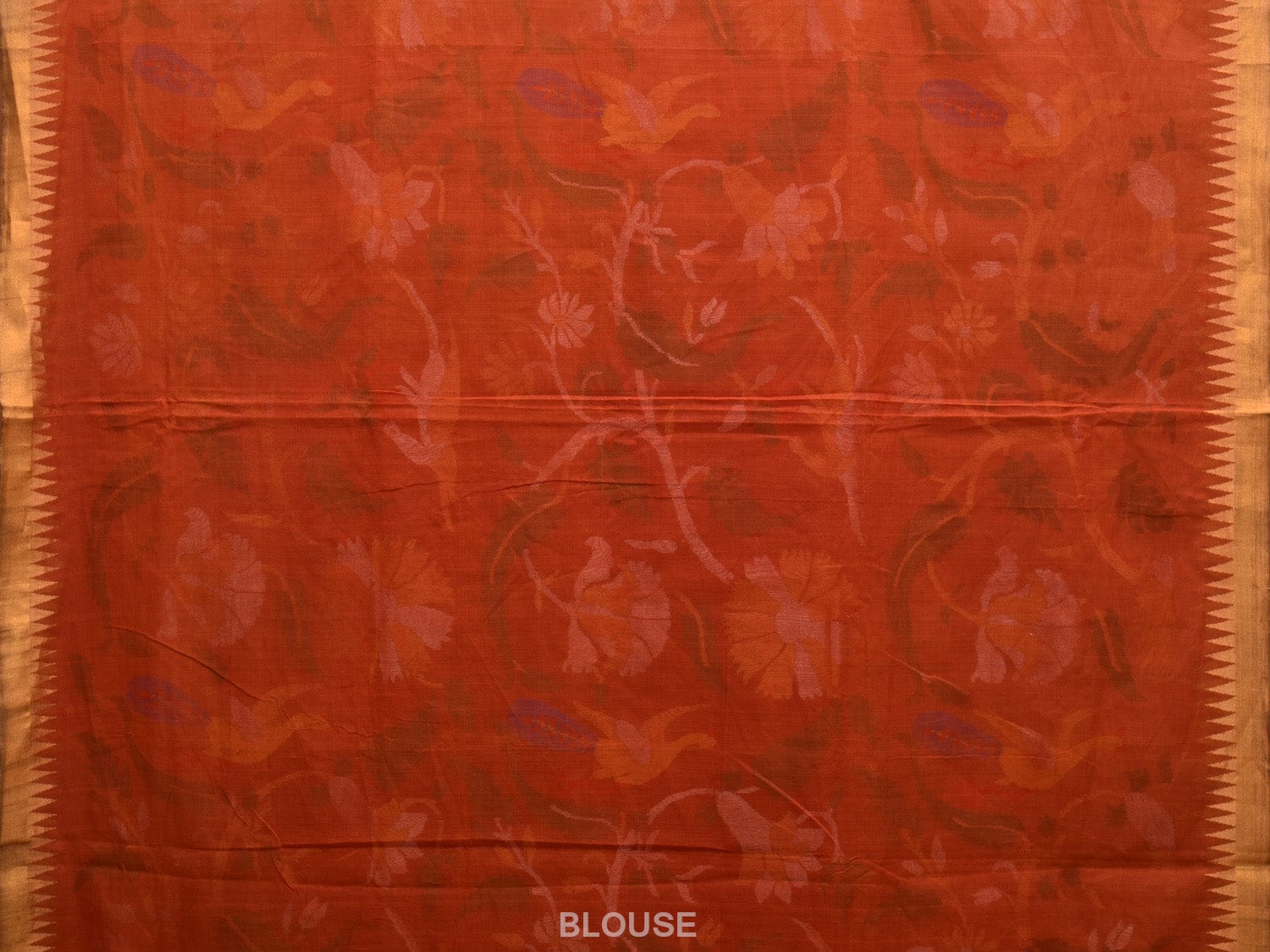 Rust Khadi Cotton Handloom Saree with All Over Floral and Peacocks Design kh0678