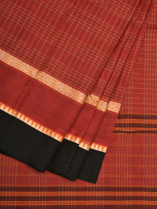 Rust Narayanpet Cotton Handloom Saree with Checks Design No Blouse np0524