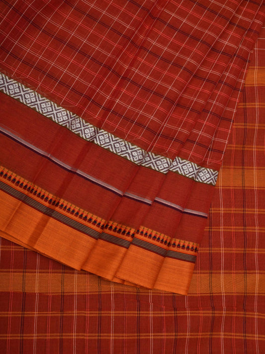 Rust Narayanpet Cotton Handloom Saree with Checks Design No Blouse np0637