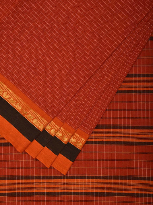 Rust Narayanpet Cotton Handloom Saree with Checks Design No Blouse np1032
