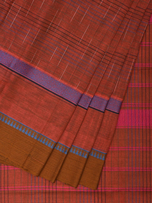 Rust Narayanpet Cotton Handloom Saree with Strips and Big Border Design No Blouse np0873